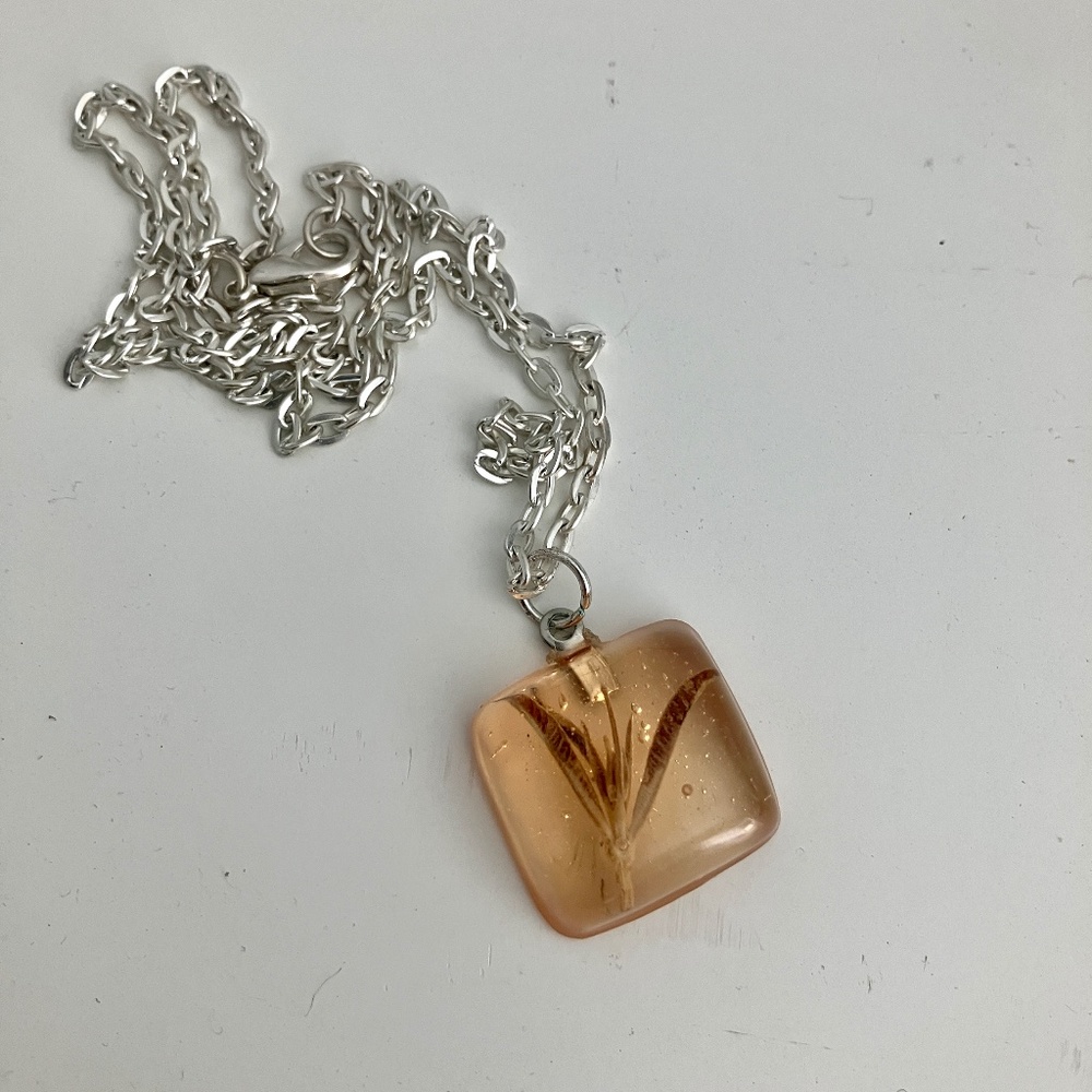 Botanical Lemon Verbena Resin Pendant Necklace on Silver Tone Chain